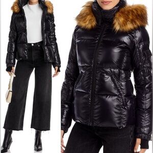 Aqua black puffer zip up jacket detachable faux tan fur trimmed hoodie small
